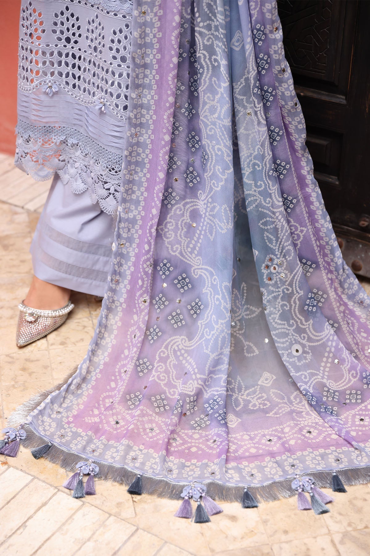 NUREH-3PC LAWN CHIKANKAARI EMBROIDERED SHIRT WITH CHIFFON PRINTED DUPATTA AND TRPUSER-BIC-4553