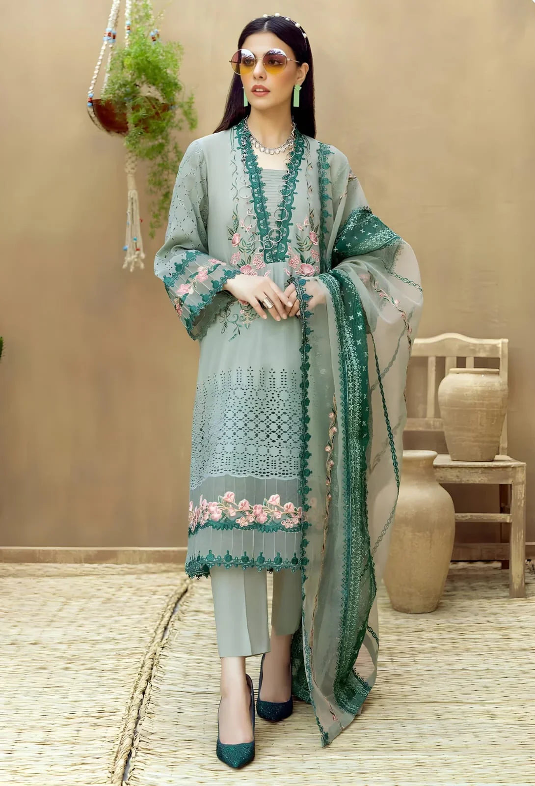 SR-LM16 Lawn Unstitched Embroidered 3pc Suit With Organza Embroidered Dupatta