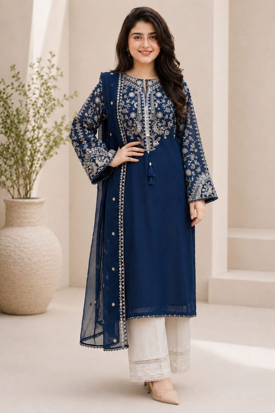SR-BT2835 Unstitched Fully Embroidered Lawn Suit With Embroidered Bamber Chiffon Dupatta