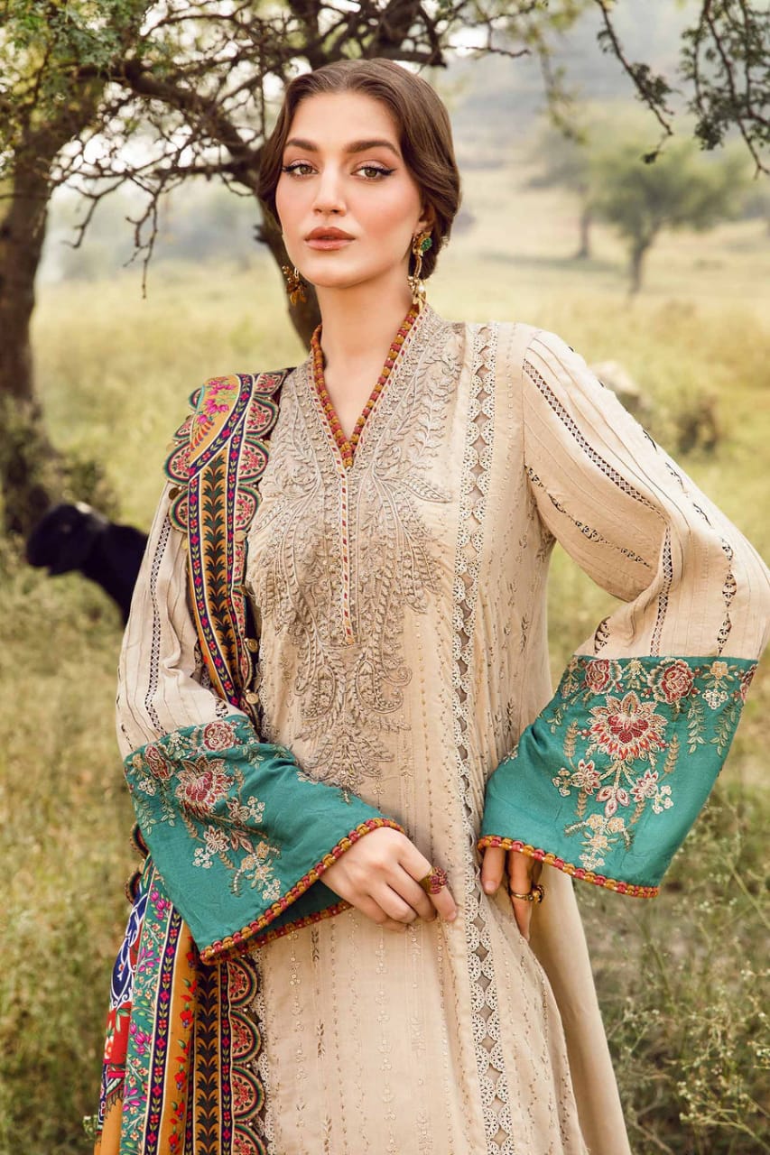 SR-MB2580 Lawn Unstitched Embroidered 3pc Suit With Poly Lawn Printed Dupatta