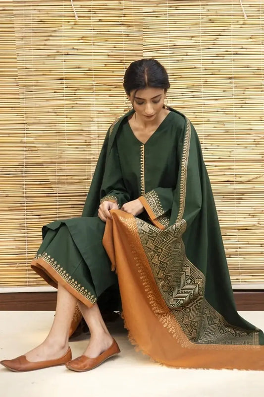 3Pc Unstitched Dhanak Suit with Printed Woolen Shawl