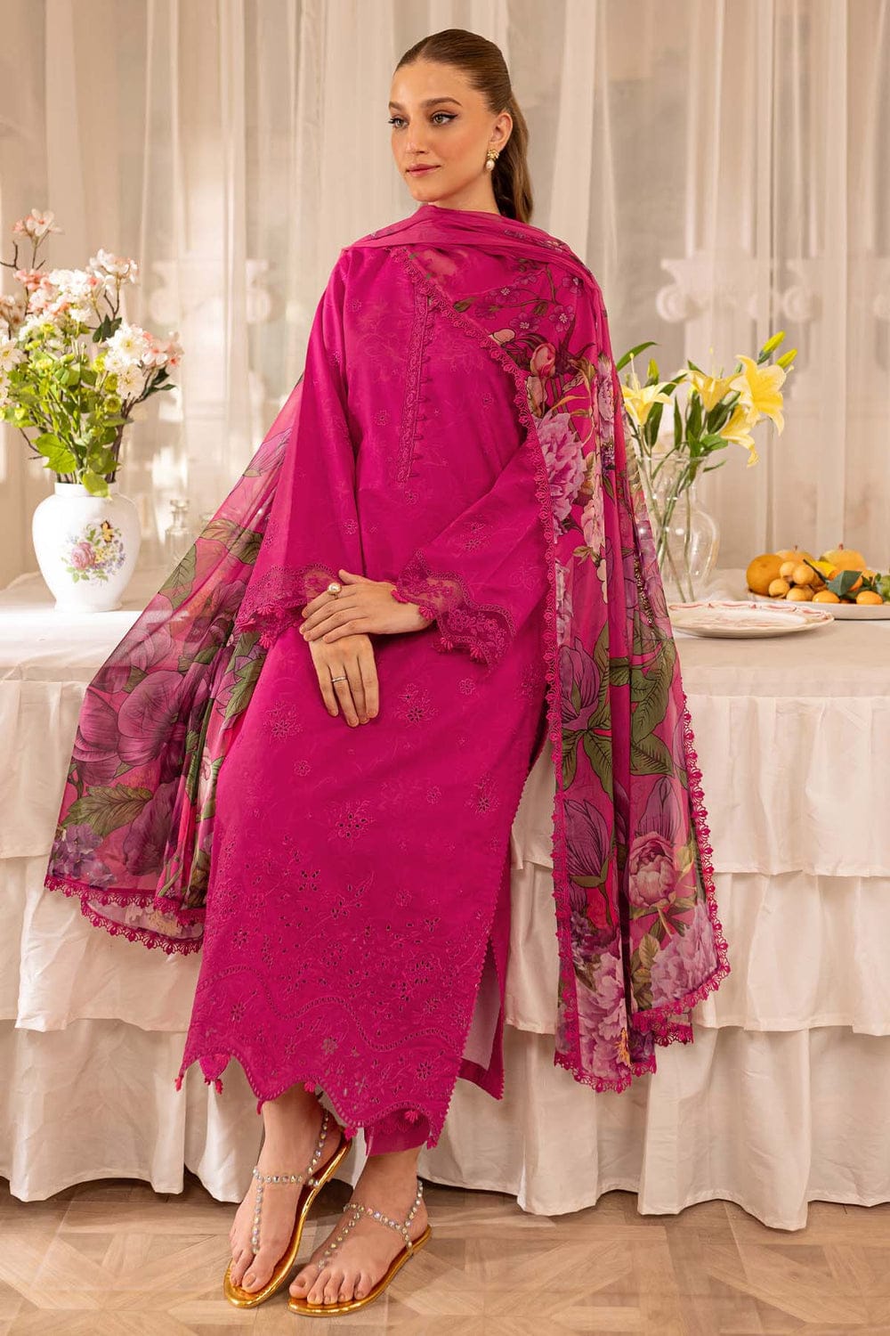 SR-FR2725 Lawn Unstitched Embroidered 3pc Suit With Digital Printed Cotton Lawn Dupatta