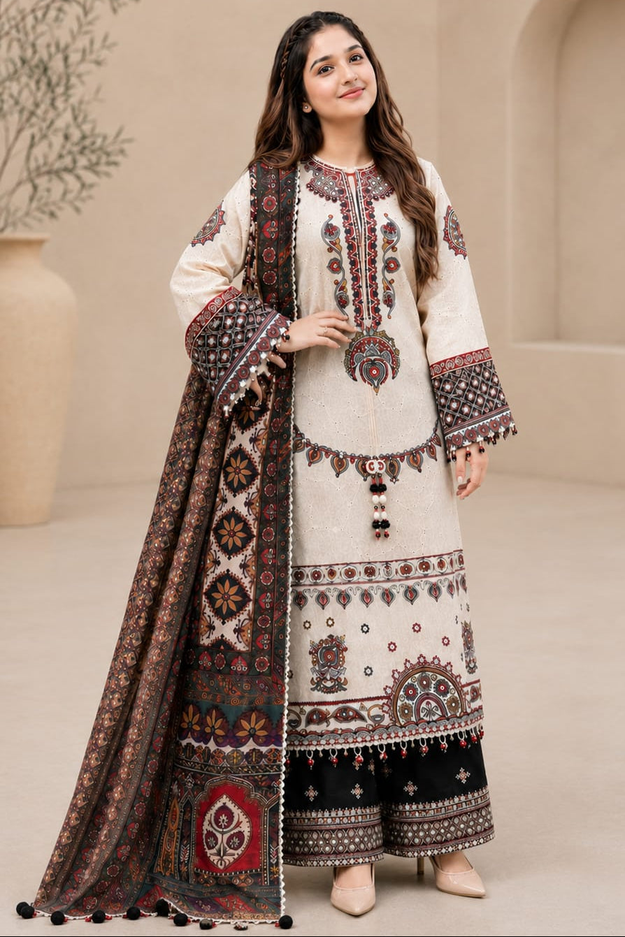 SR-JZ2800 Lawn Unstitched Fully Embroidered 3pc Suit With Poly Lawn Digital Printed Dupatta