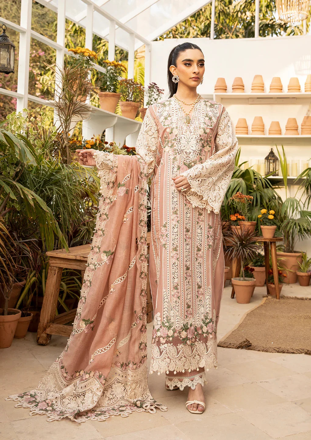 ELAF-3PC LAWN CHIKAN EMBROIDERED SHIRT WITH KHADDI NET EMBROIDERED DUPATTA AND TROUSER-BIC-4767