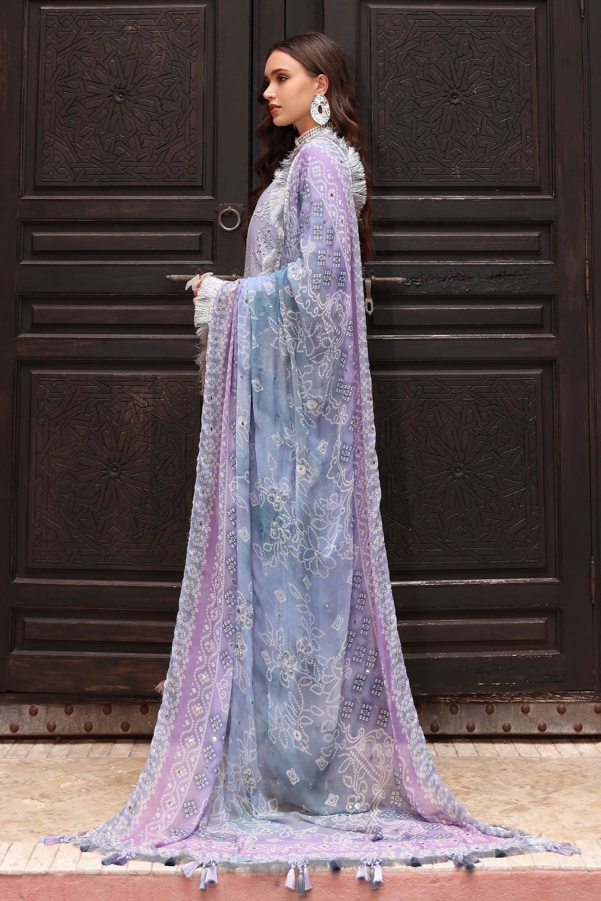 NUREH-3PC LAWN CHIKANKAARI EMBROIDERED SHIRT WITH CHIFFON PRINTED DUPATTA AND TRPUSER-BIC-4553
