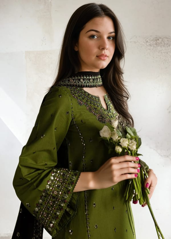SR-IZ89333 Lawn Embroidered 3pc Suit With Bamber Chiffon Embroidered Dupatta