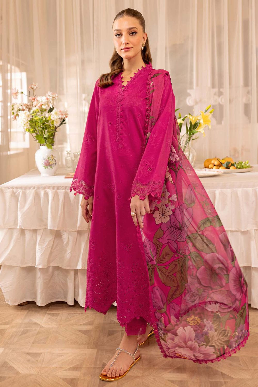 SR-FR2725 Lawn Unstitched Embroidered 3pc Suit With Digital Printed Cotton Lawn Dupatta
