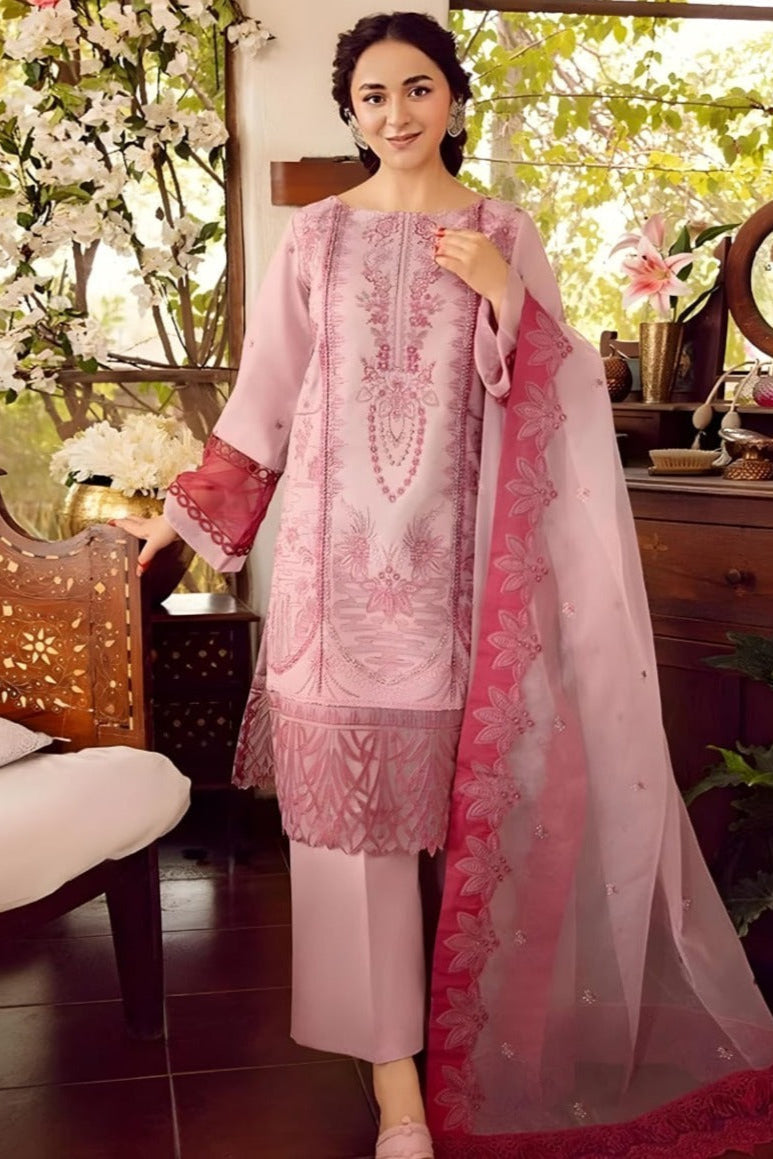 SR-RA46 Embroidered Unstitched  Lawn 3Pc Suit With Organza Embroidered Dupatta