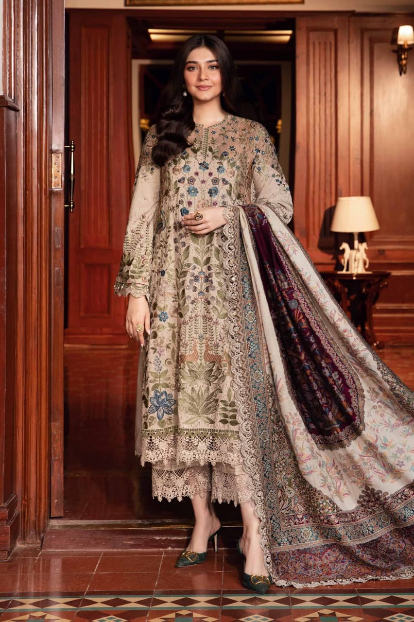 SR-MB555 Dhanak Embroidered Suit With Digital Printed Woolen Shawl