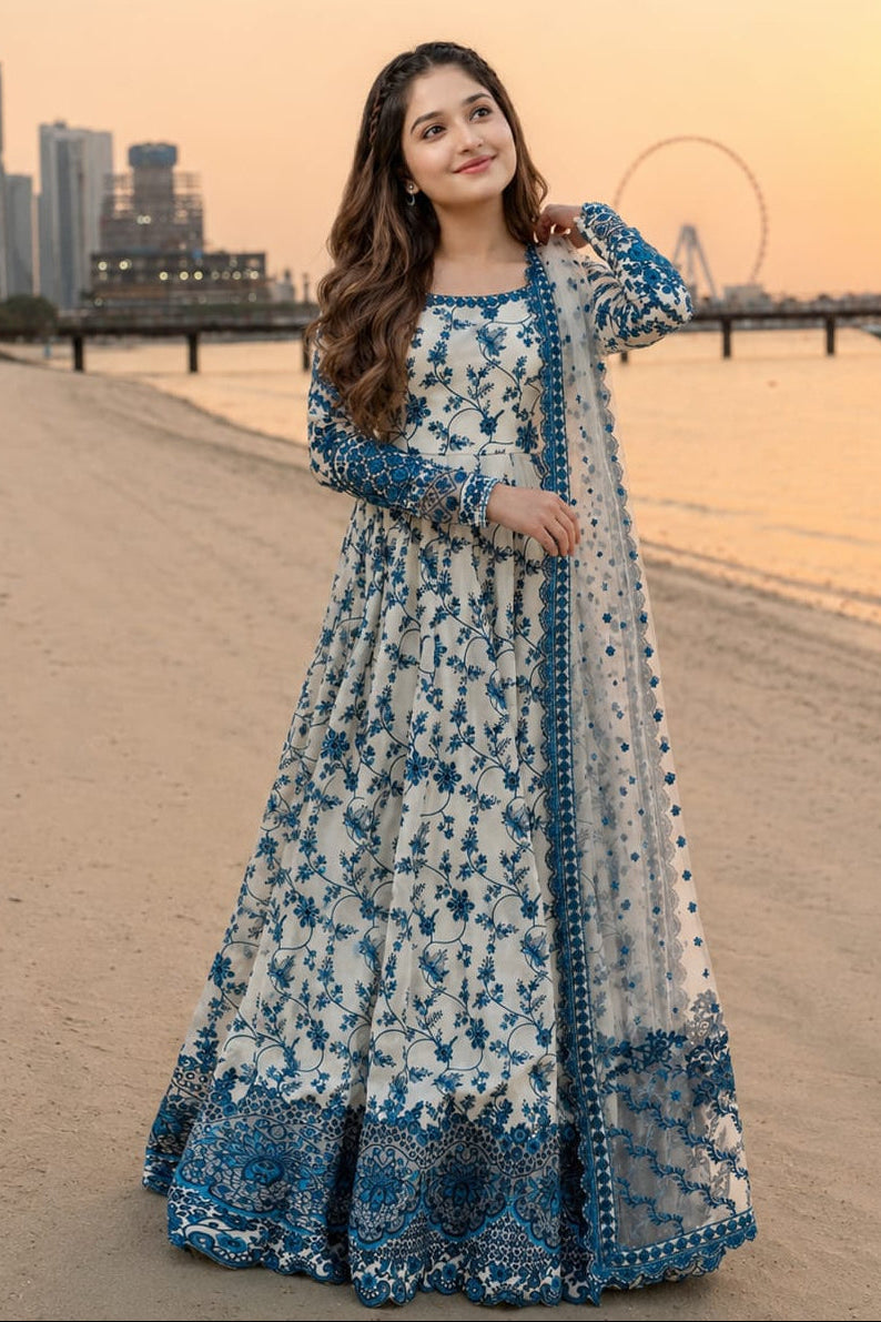 Highly Recommended SR-FS1000 Lawn Unstitched Frock Fully Embroidered 3pc Suit With Organza Embroidered Dupatta