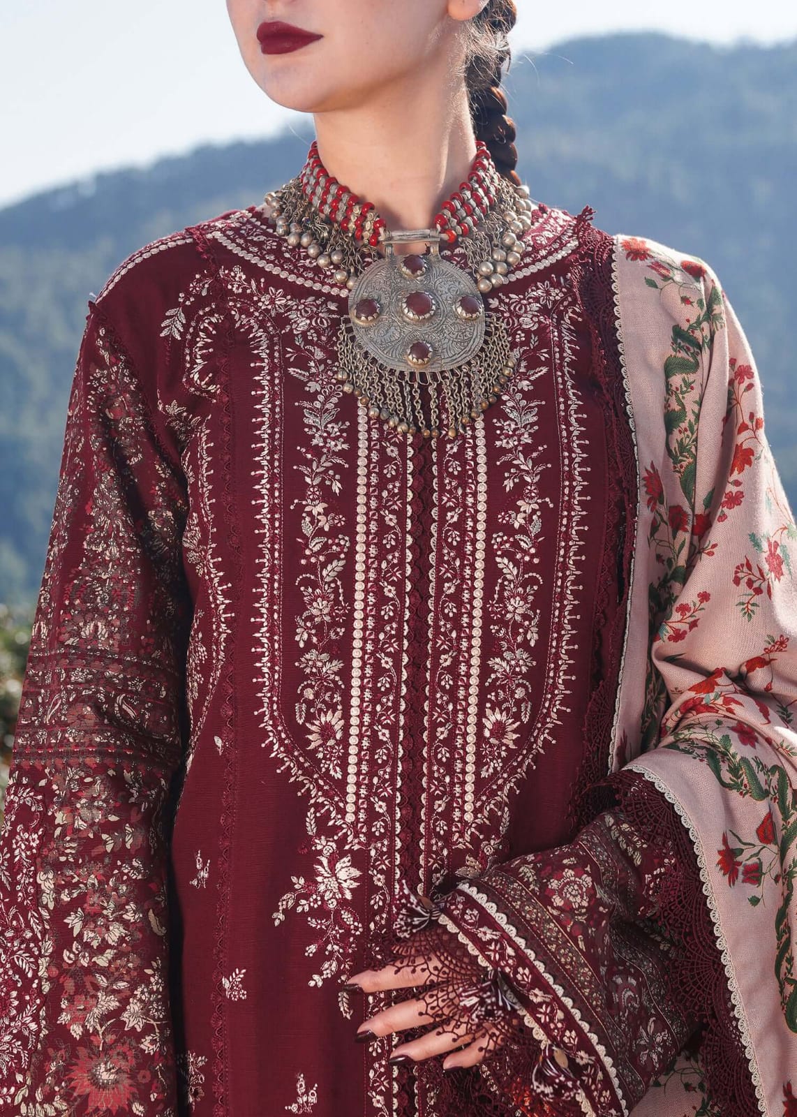 SR-HR890 Unstitched Heavy Embroidered Dhanak Suit With Embroidered Dhanak Shawl