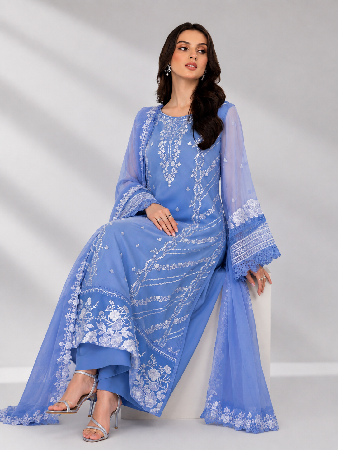 Dhanak Unstitched Embroidered 3pc Suit With Embroidered Dhanak Dupatta | LL-1010
