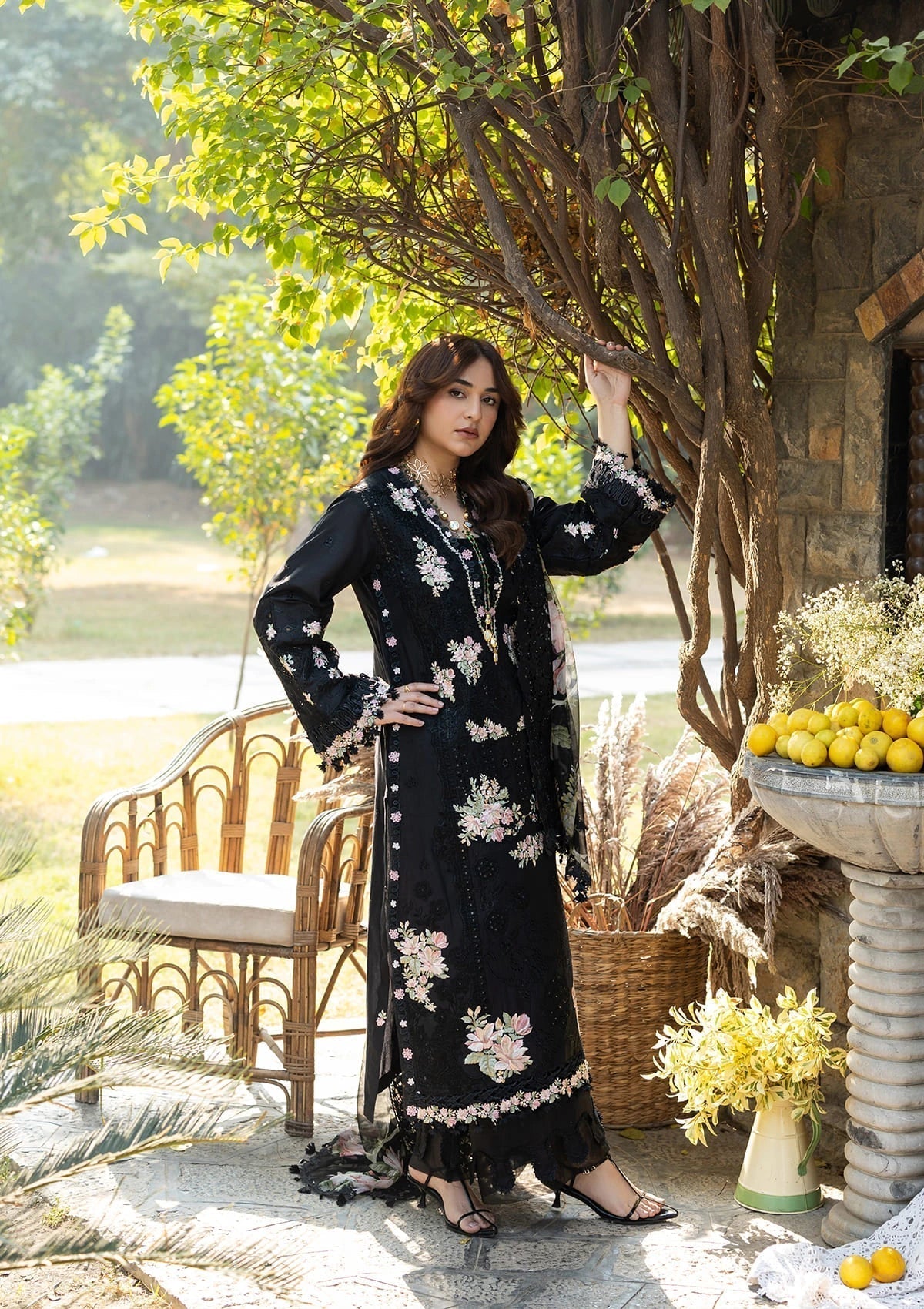 ELAF-3PC LAWN CHIKAN EMBROIDERED SHIRT WITH CHIFFON PRINTED EMB DUPATTA AND TROUSER-BIC-4811
