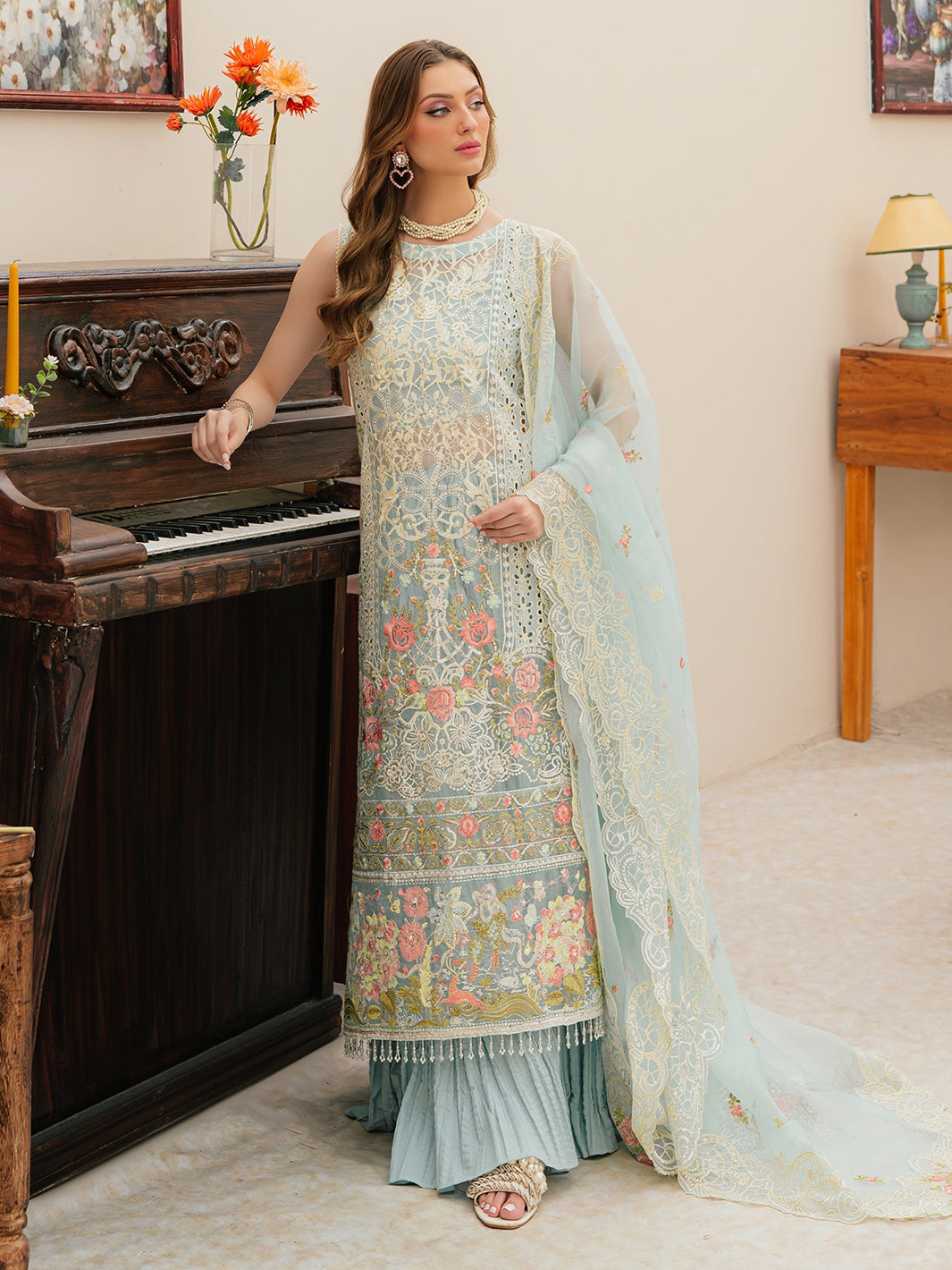 MAHNUR-3PC LAWN CHIKANKAARI EMBROIDERED SHIRT WITH KHAADI NET EMBROIDERED DUPATTA AND TROUSER -BIC-4749