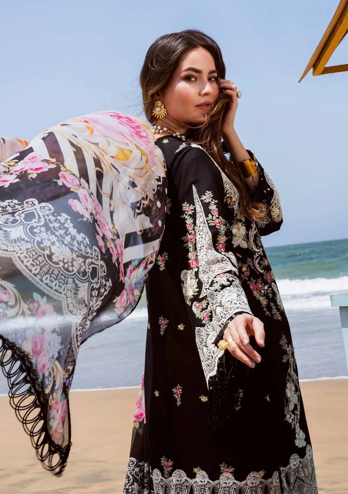 ELAF-3PC LAWN EMBROIDERED SHIRT WITH CHIFFON PRINTED DUPATTA AND EMB TROUSER-BIC-4697