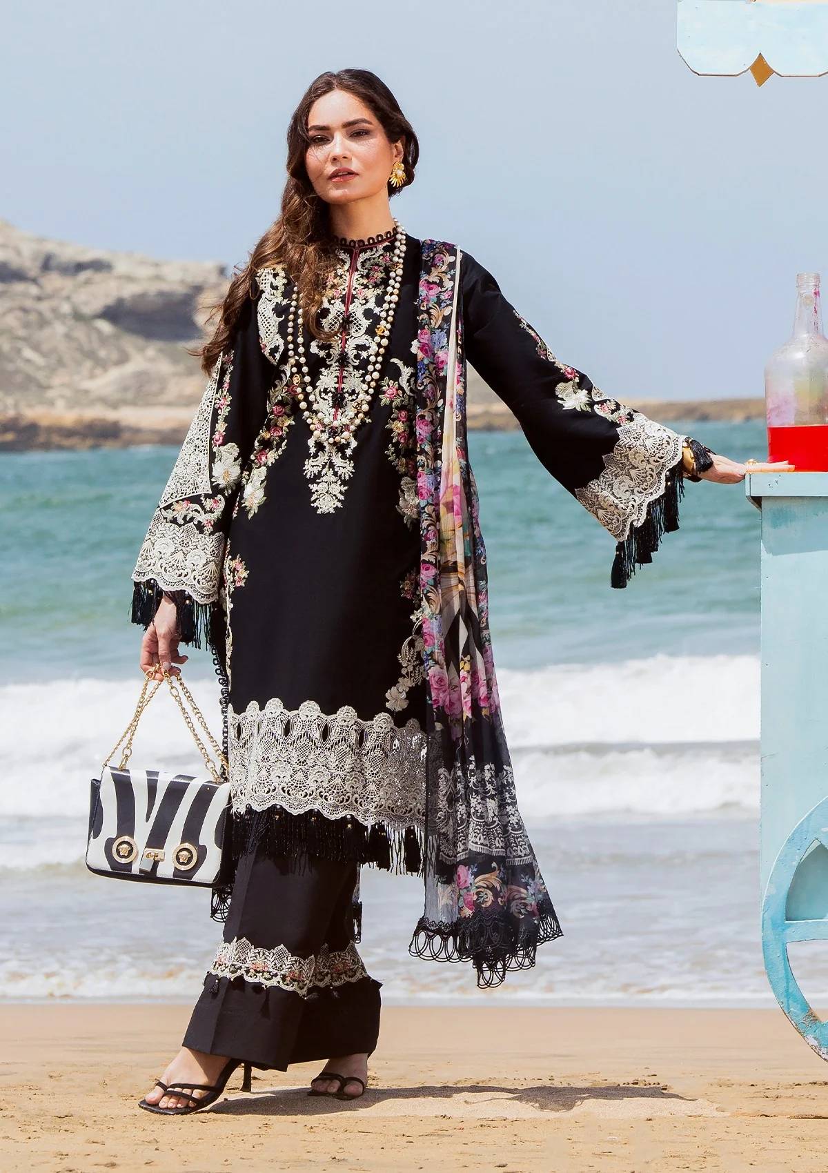 ELAF-3PC LAWN EMBROIDERED SHIRT WITH CHIFFON PRINTED DUPATTA AND EMB TROUSER-BIC-4697
