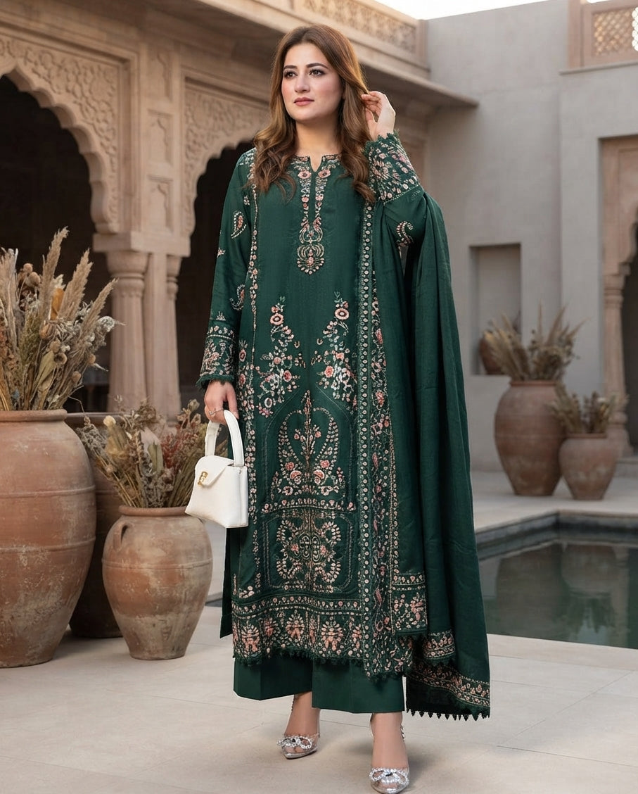 Dhanak Unstitched Embroidered 3pc Suit With Embroidered Dhanak Dupatta | LL-1009