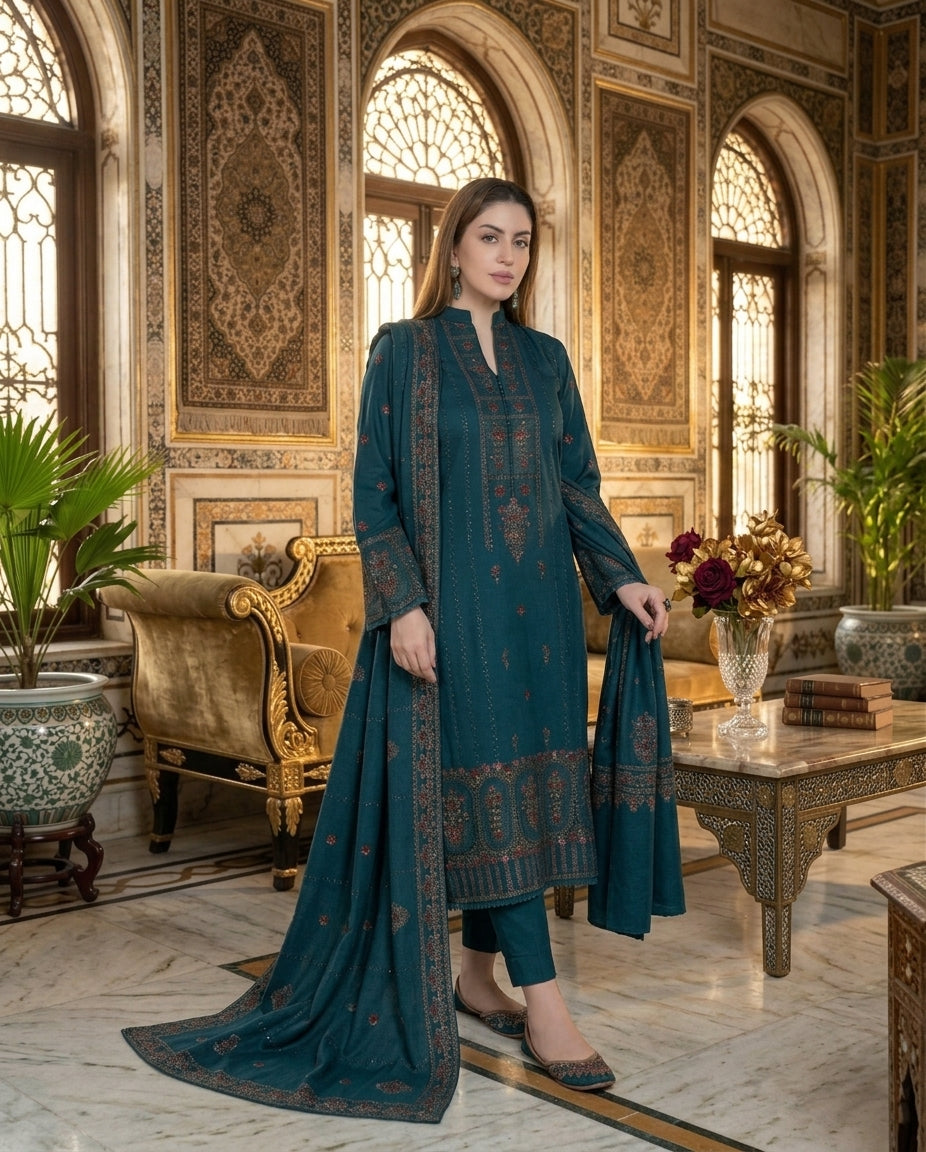 Teal embroidered Dhanak suit - front seated view