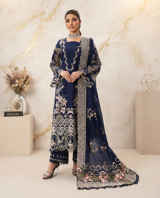 Dhanak Unstitched Embroidered 3pc Suit With Embroidered Dhanak Dupatta | LL-1006