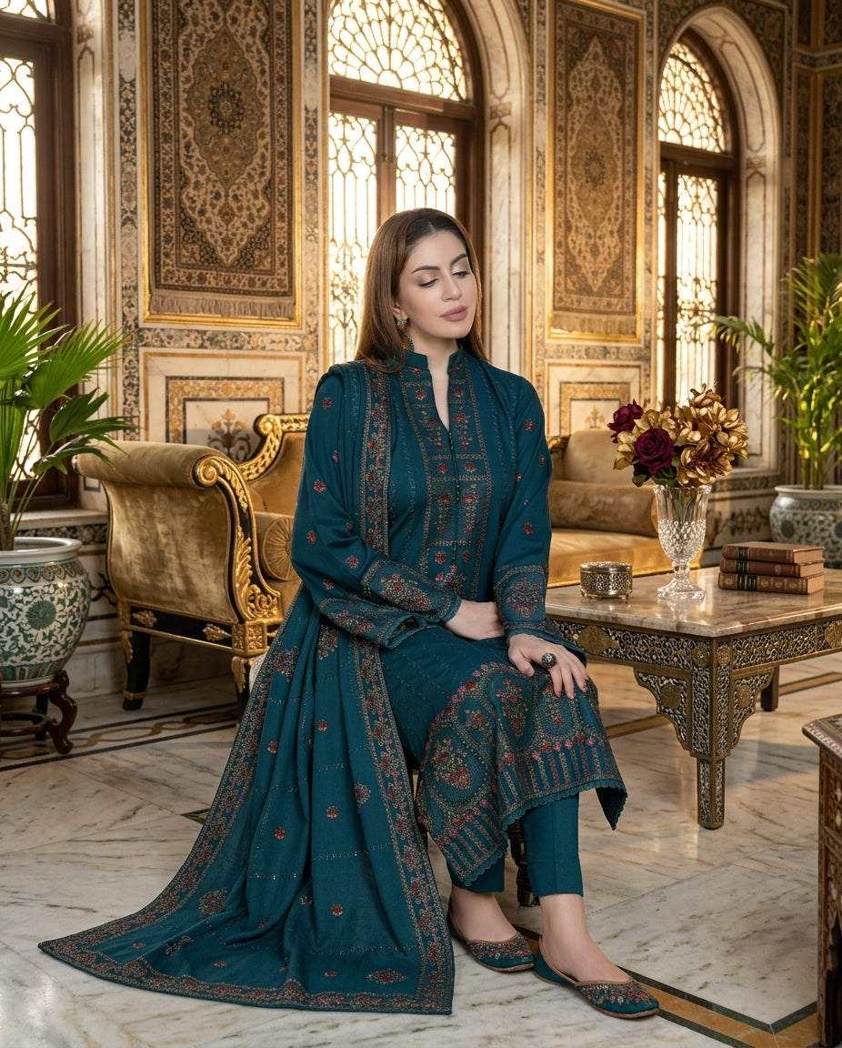 Teal embroidered Dhanak suit - back view