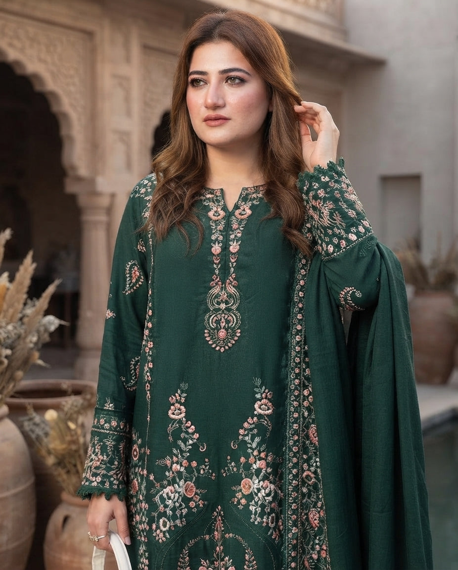 Dhanak Unstitched Embroidered 3pc Suit With Embroidered Dhanak Dupatta | LL-1009