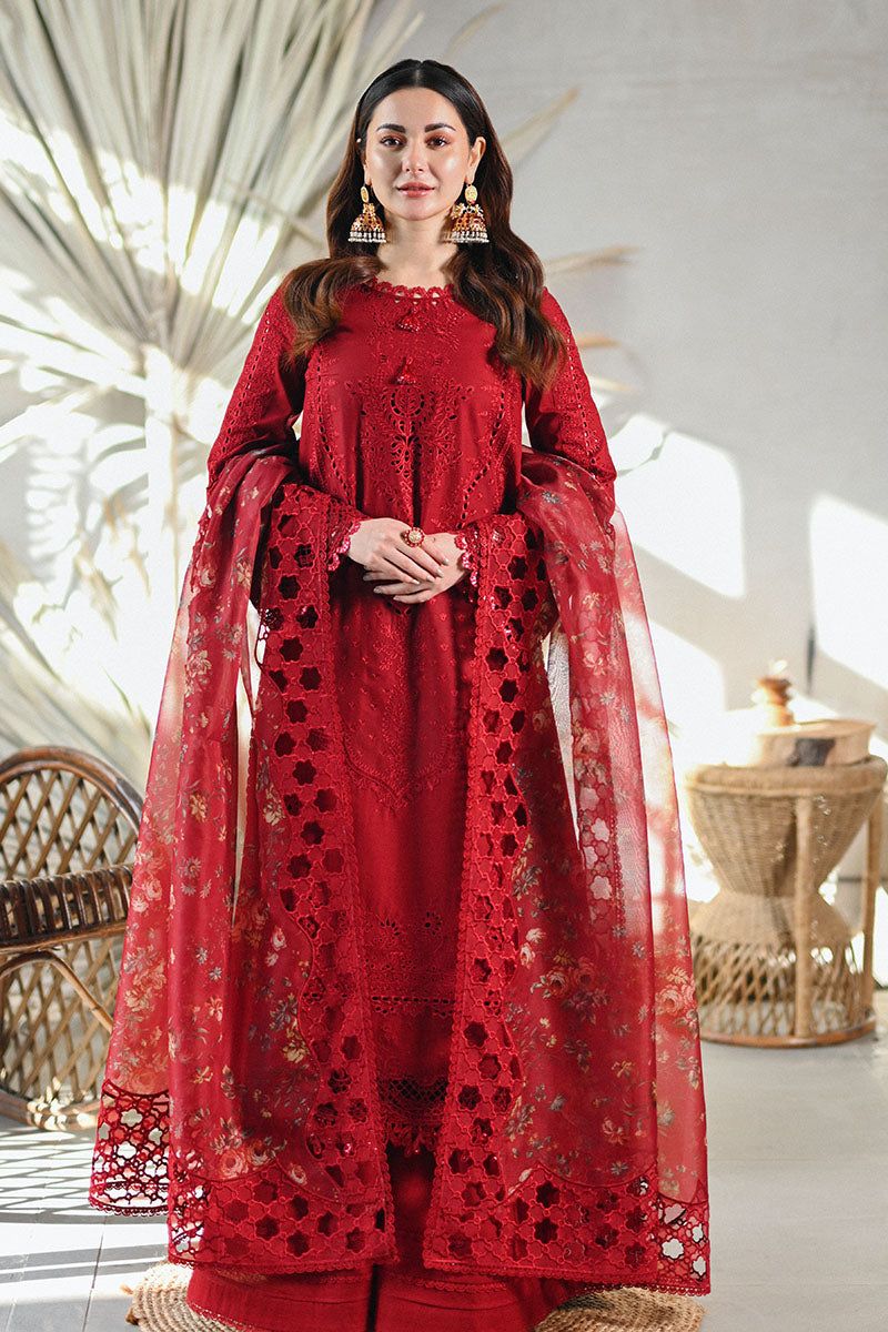 QALAMQAR-3PC LAWN CHIKAANKARI EMBROIDERED SHIRT WITH CHIFFON PRINTED EMB DUPATTA AND TROUSER-BIC-4665