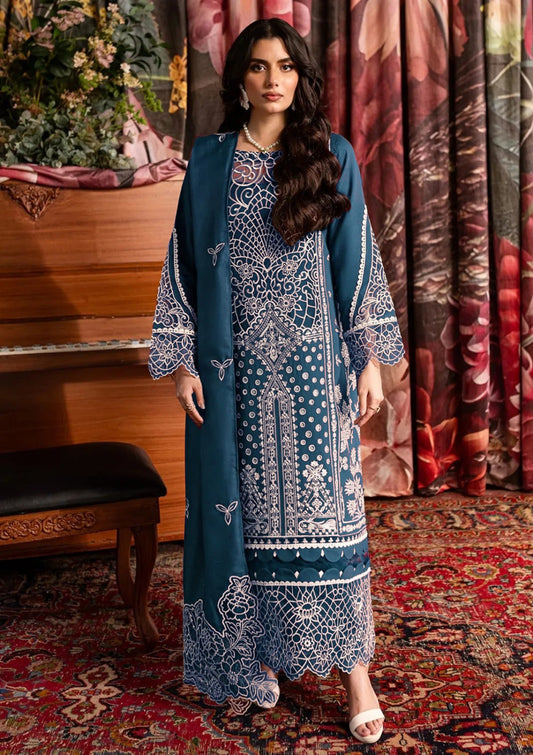 QALAMQAR-3PC CHIKANKAARI LAWN LASER WORK EMBROIDERED SHIRT WITH KHADDI NET EMBROIDERED DUPATTA AND TROUSER-BIC-4712