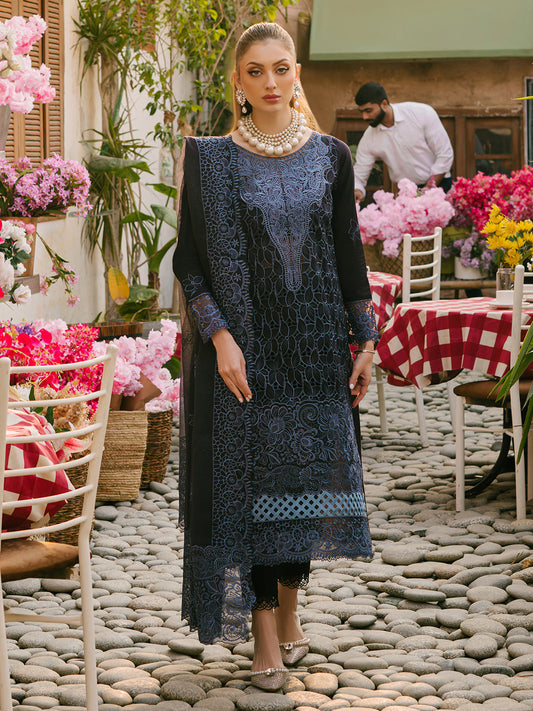 MAHNUR-3PC LAWN EMBROIDERED SHIRT WITH KHADDI NET EMB DUPATTA AND TROUSER-BIC-4738