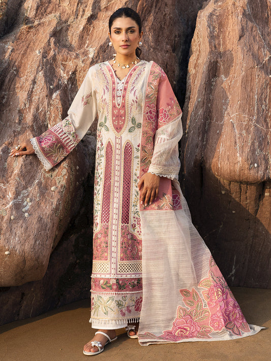MAHNUR-3PC LAWN CHIKAN HEAVY EMBROIDERED SHIRT WITH KHADDI NET EMBROIDERED DUPATTA AND TROUSER-BIC-4734