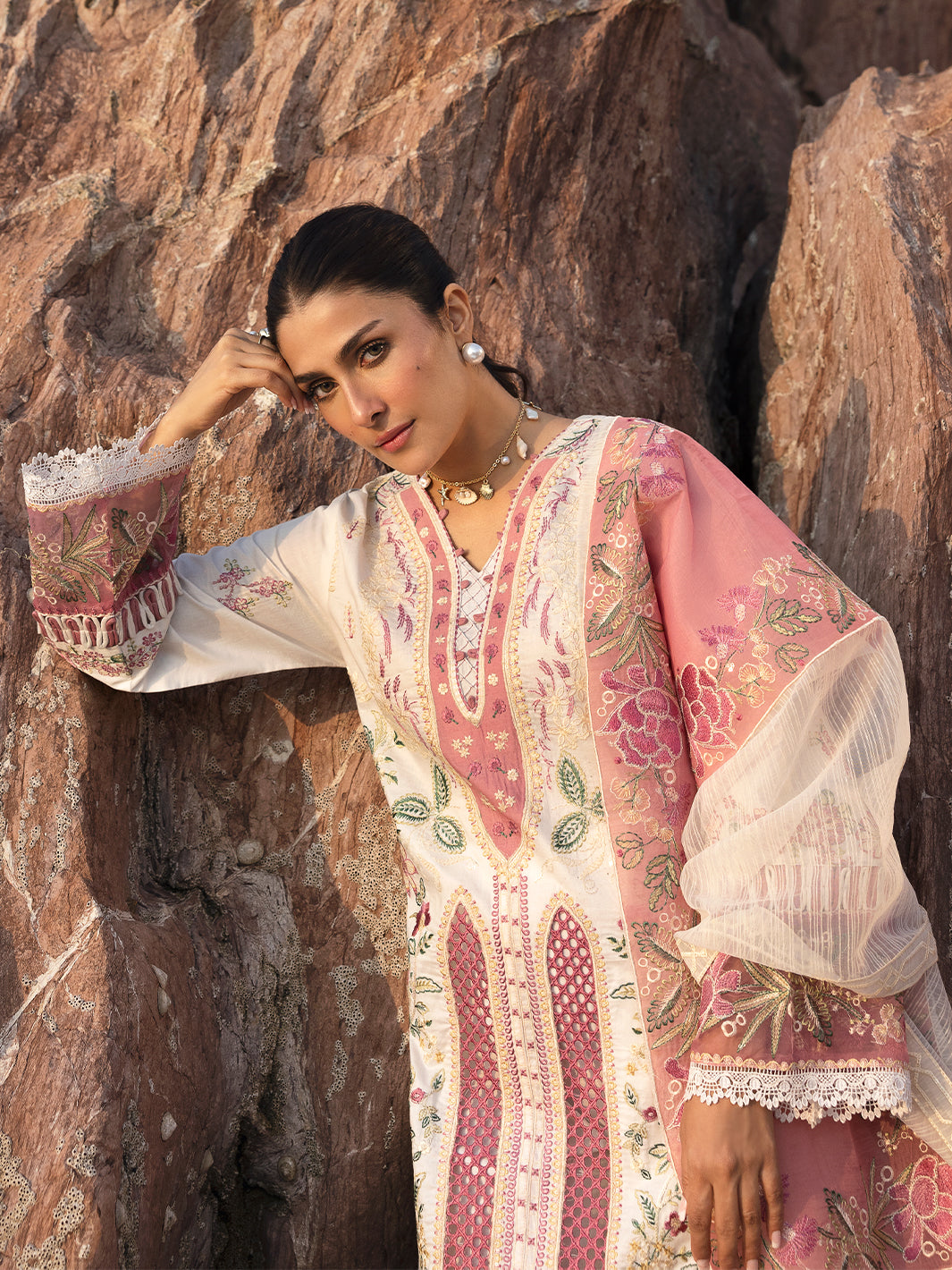 MAHNUR-3PC LAWN CHIKAN HEAVY EMBROIDERED SHIRT WITH KHADDI NET EMBROIDERED DUPATTA AND TROUSER-BIC-4734