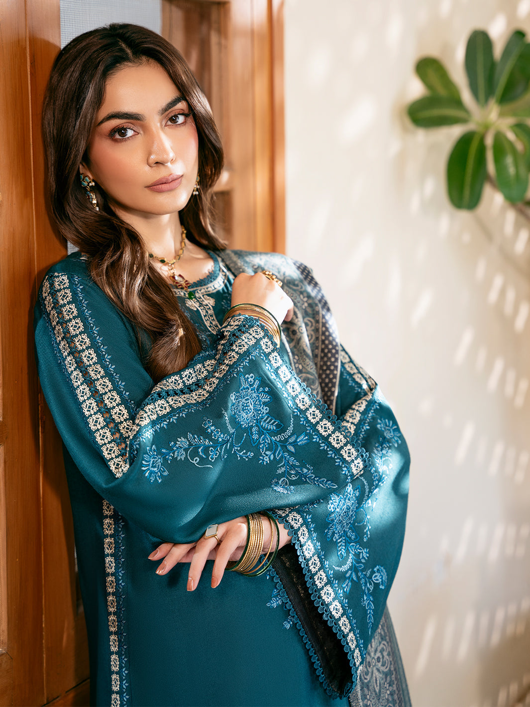 IZEL-3PC DHANAK EMBROIDERED SHIRT WITH COURTRAI PRINTED SHAWL & TROUSER-BIC-4387