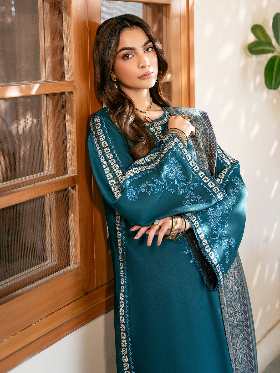 IZEL-3PC DHANAK EMBROIDERED SHIRT WITH COURTRAI PRINTED SHAWL & TROUSER-BIC-4387