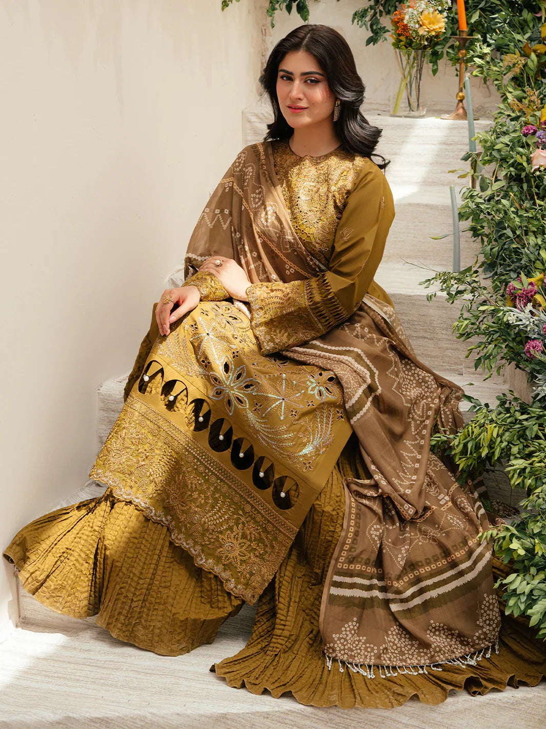 MAHNUR-3PC LAWN LASEWORK EMB SHIRT WITH CHIFFON PRINTED DUPATTA AND TROUSER -BIC-4706