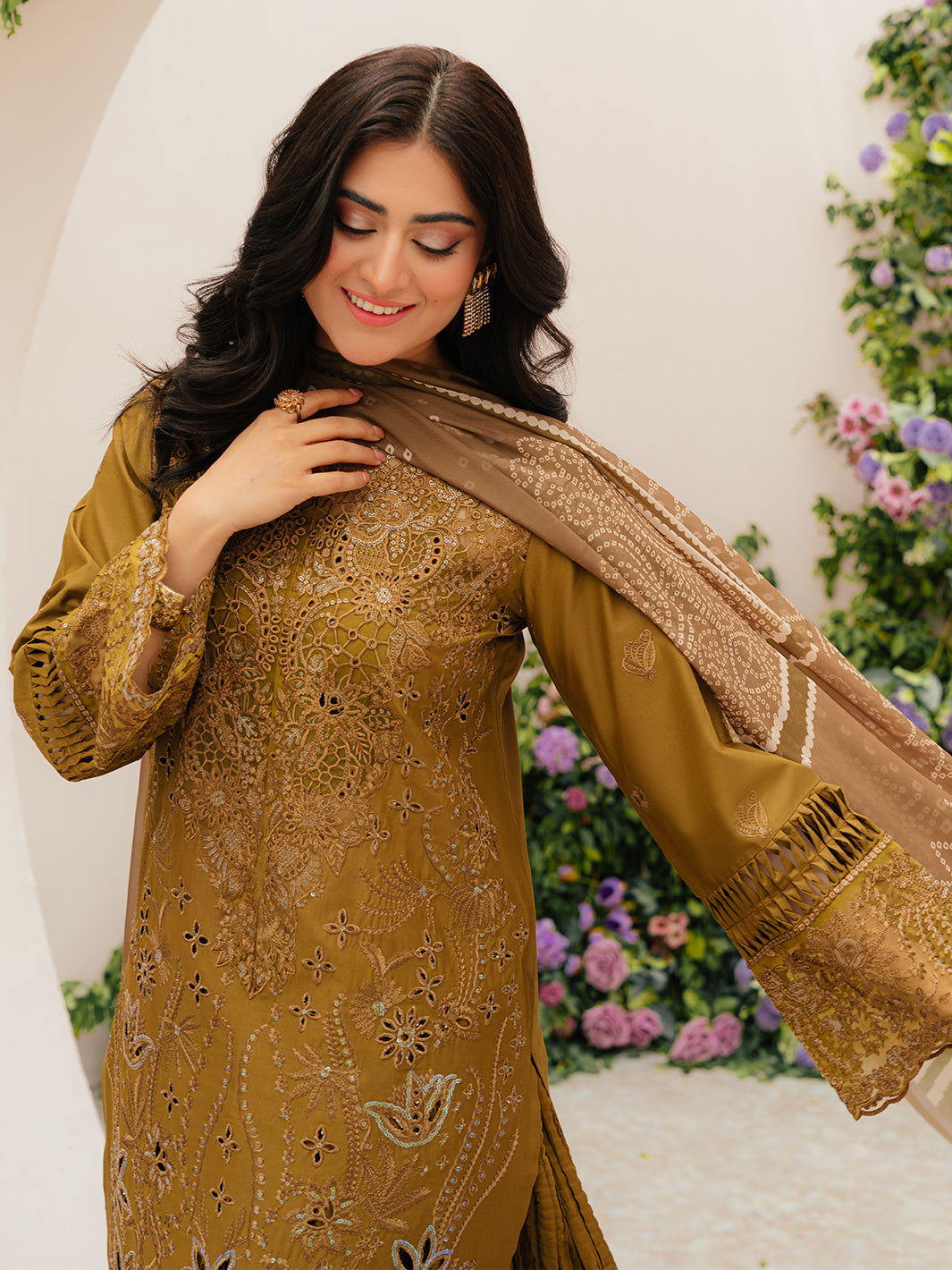 MAHNUR-3PC LAWN LASEWORK EMB SHIRT WITH CHIFFON PRINTED DUPATTA AND TROUSER -BIC-4706