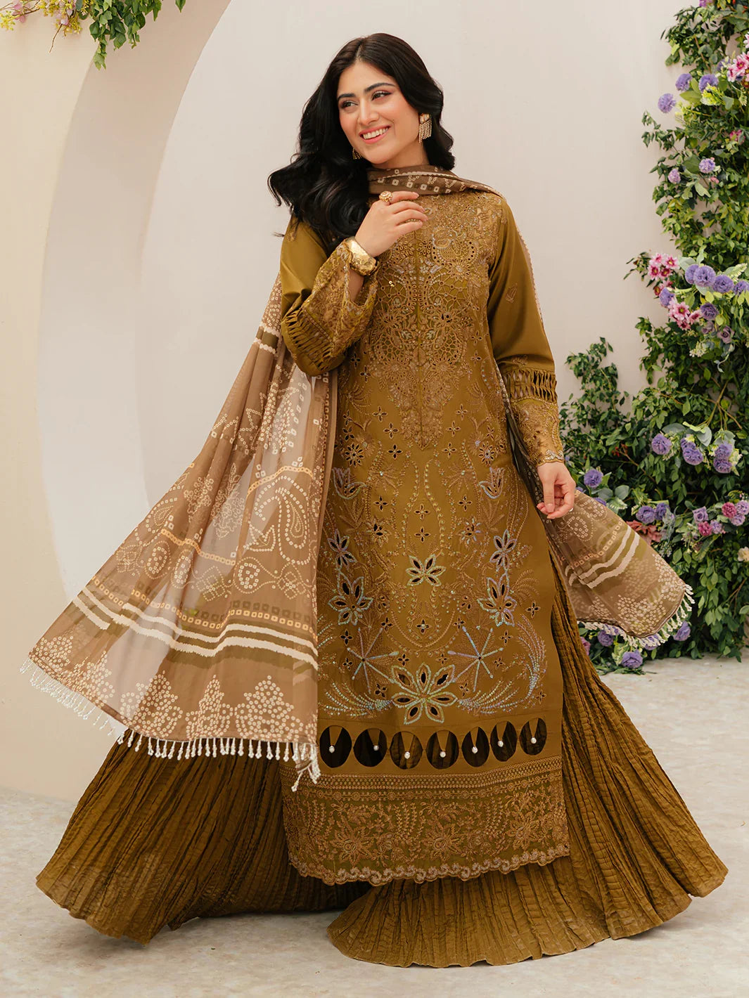 MAHNUR-3PC LAWN LASEWORK EMB SHIRT WITH CHIFFON PRINTED DUPATTA AND TROUSER -BIC-4706