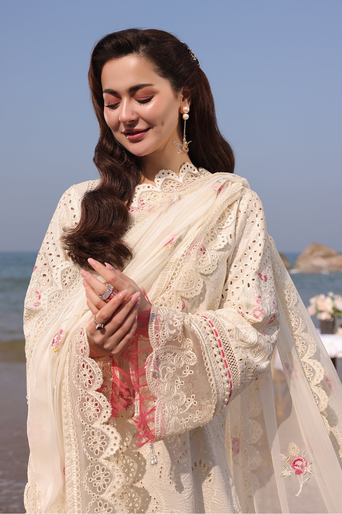 QALAMQAR-3PC LAWN CHIKANKARI EMBROIDERED SHIRT WITH KHADDI NET EMB DUPATTA AND TROUSER-BIC-4663