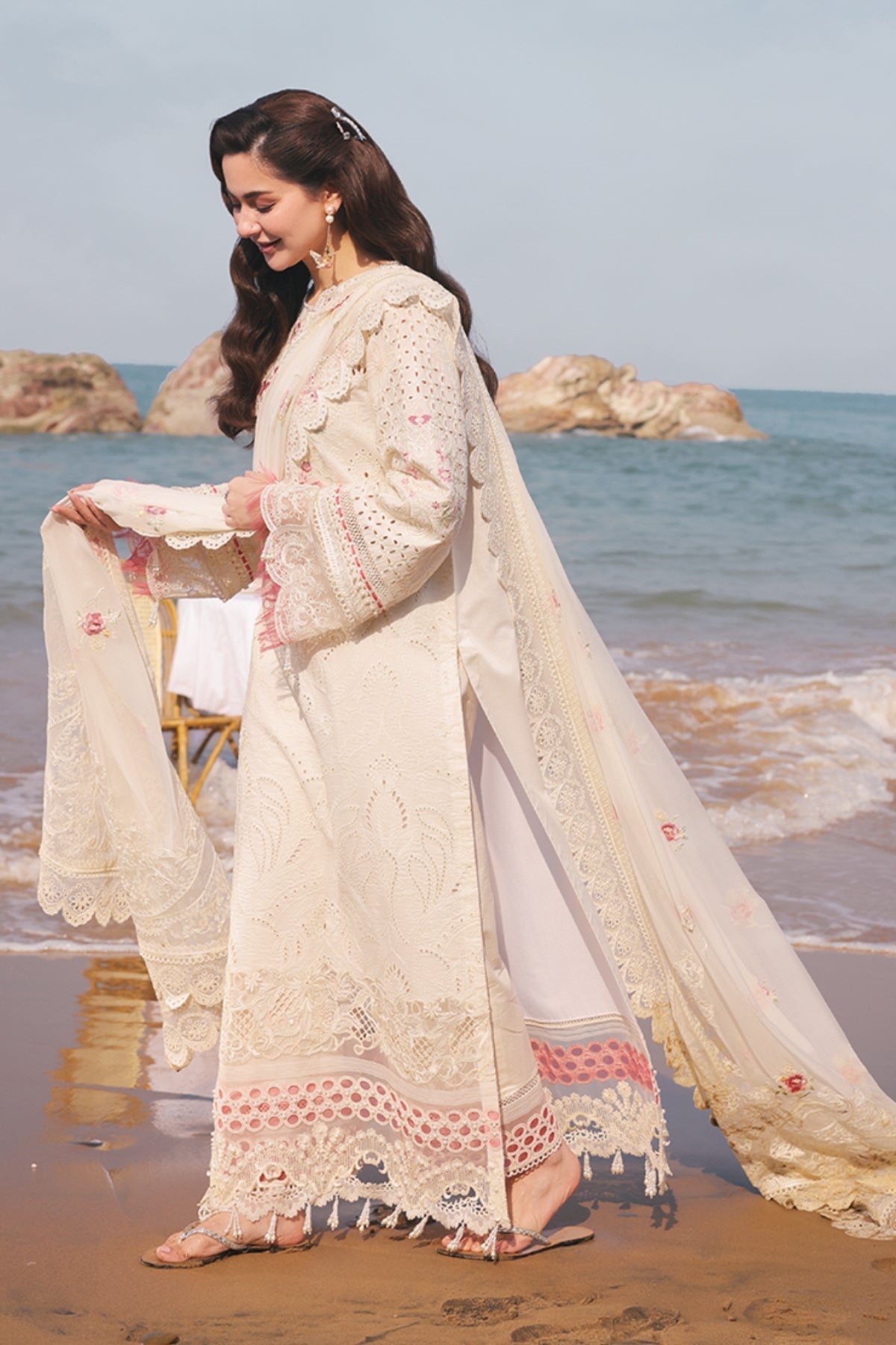 QALAMQAR-3PC LAWN CHIKANKARI EMBROIDERED SHIRT WITH KHADDI NET EMB DUPATTA AND TROUSER-BIC-4663