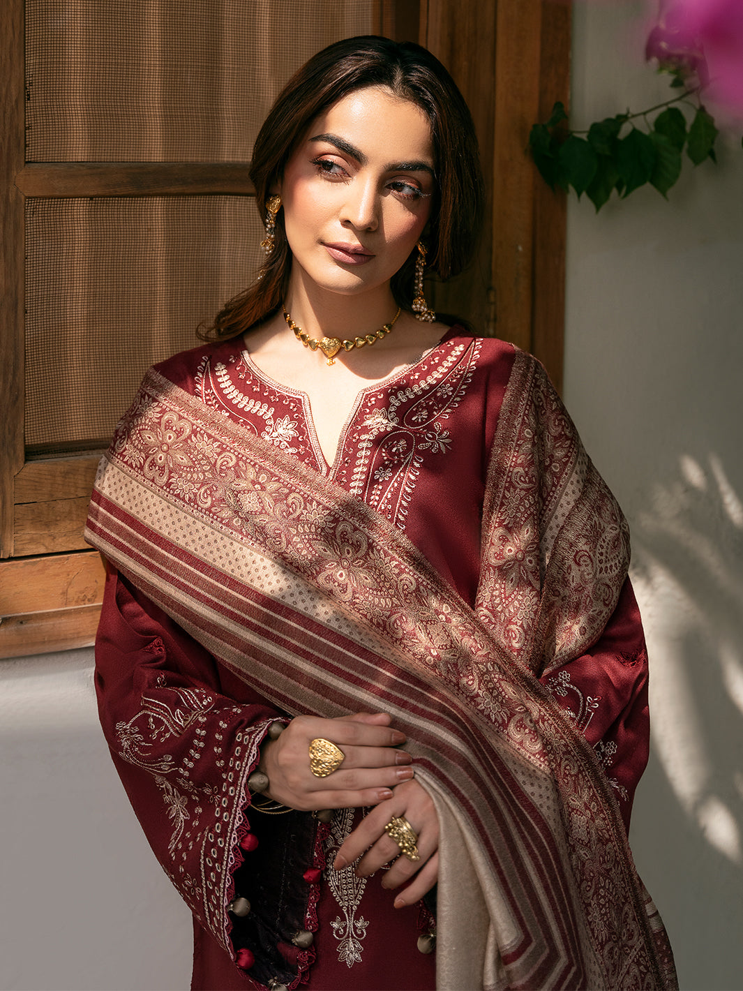 IZEL-3PC DHANAK EMBROIDERED SHIRT WITH COURTRAI PRINTED SHAWL & TROUSER-BIC-4384
