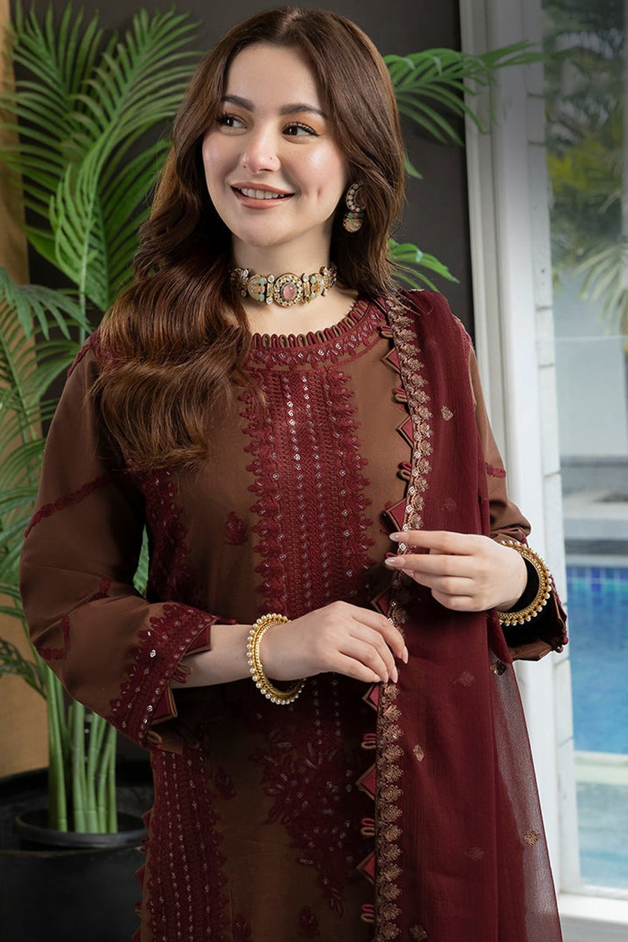 Maroon embroidered chiffon suit - front close up