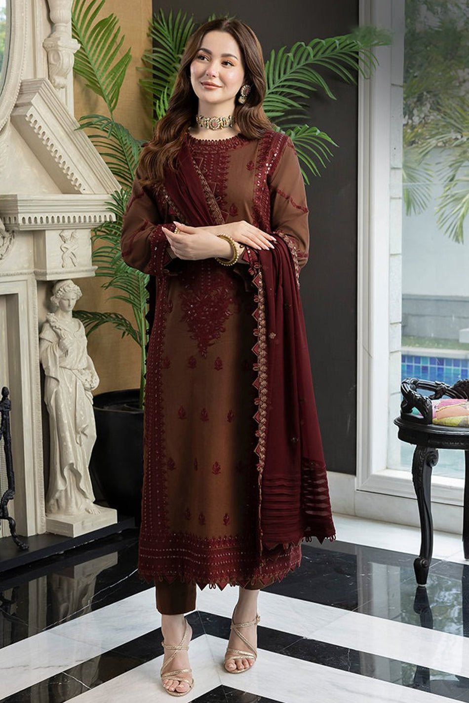 Maroon embroidered chiffon suit - front pose