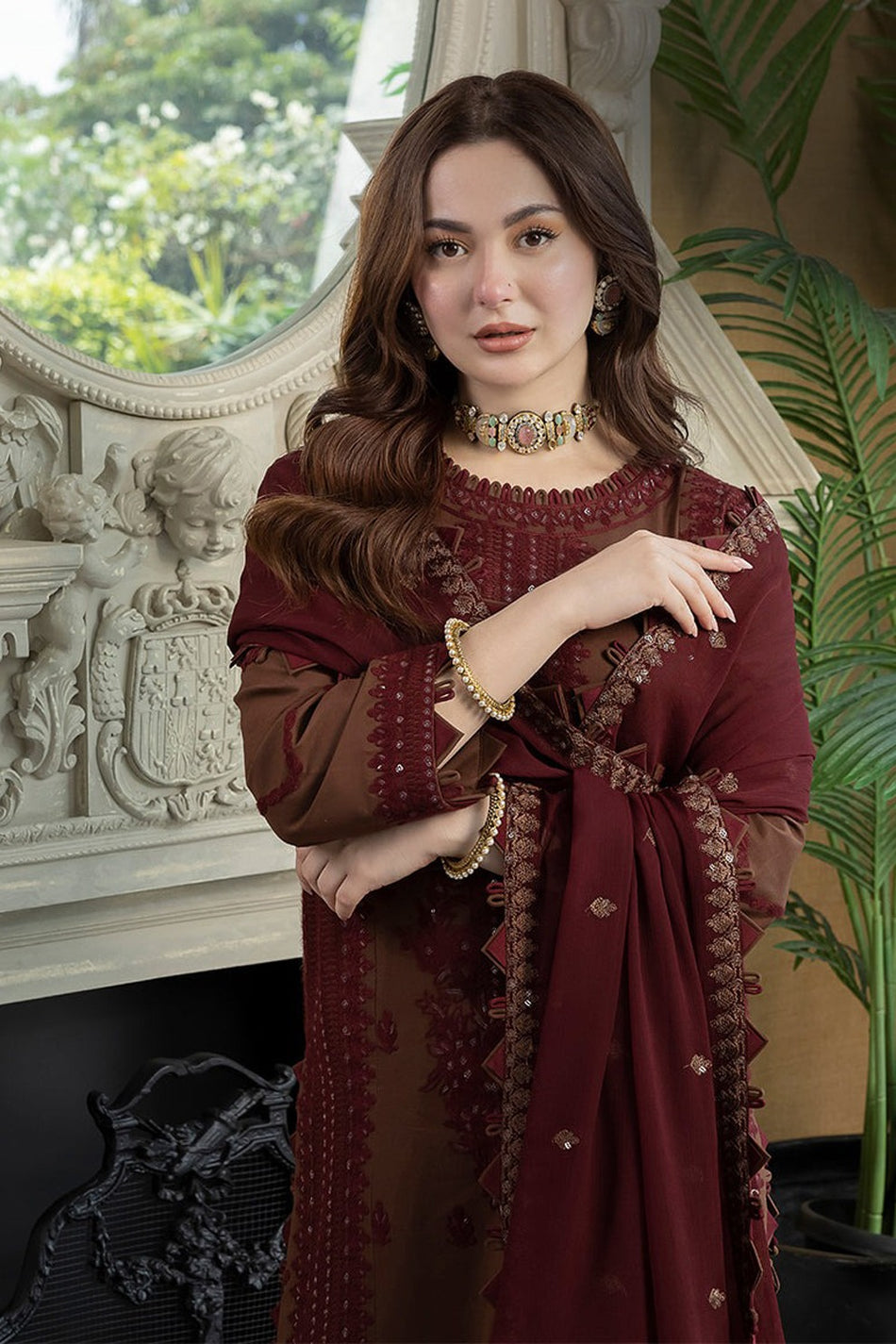 Maroon embroidered chiffon suit - full length side