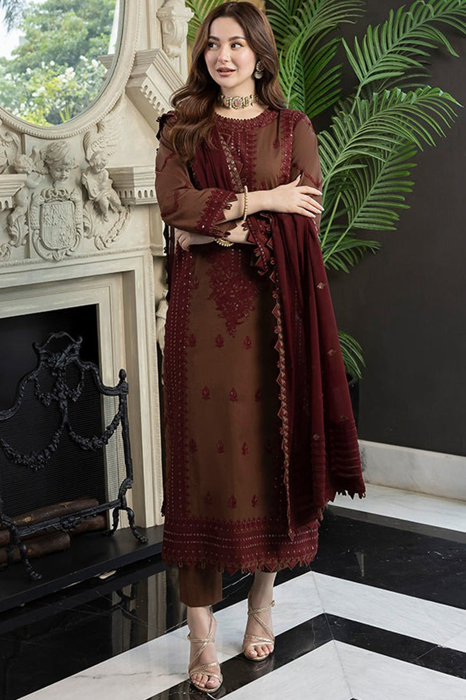Maroon embroidered chiffon suit - full length