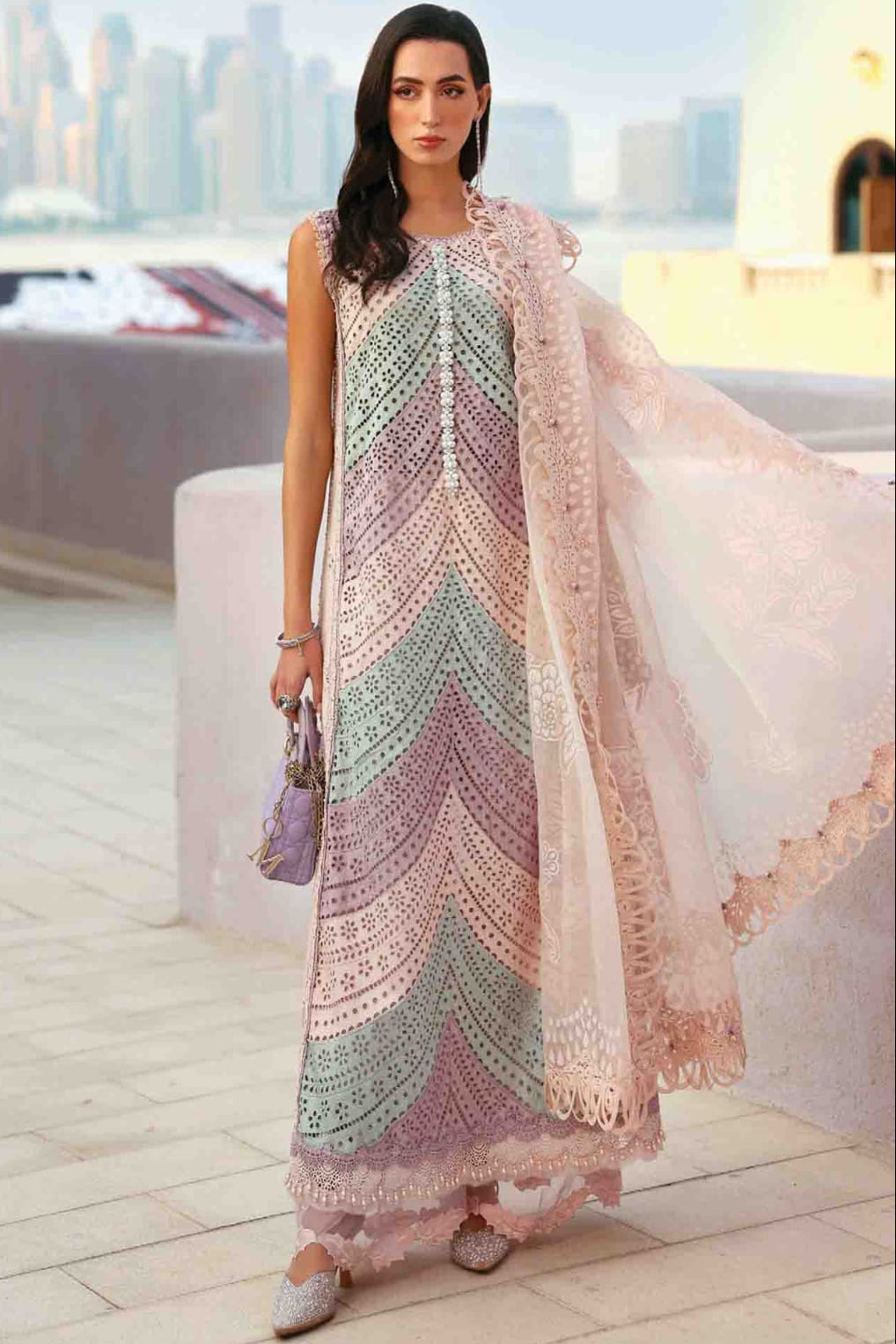 SR-MB2805A Lawn Unstitched Fully Embroidered 3pc Suit With Organza Digital Printed Dupatta With Embroided Four Side Laces