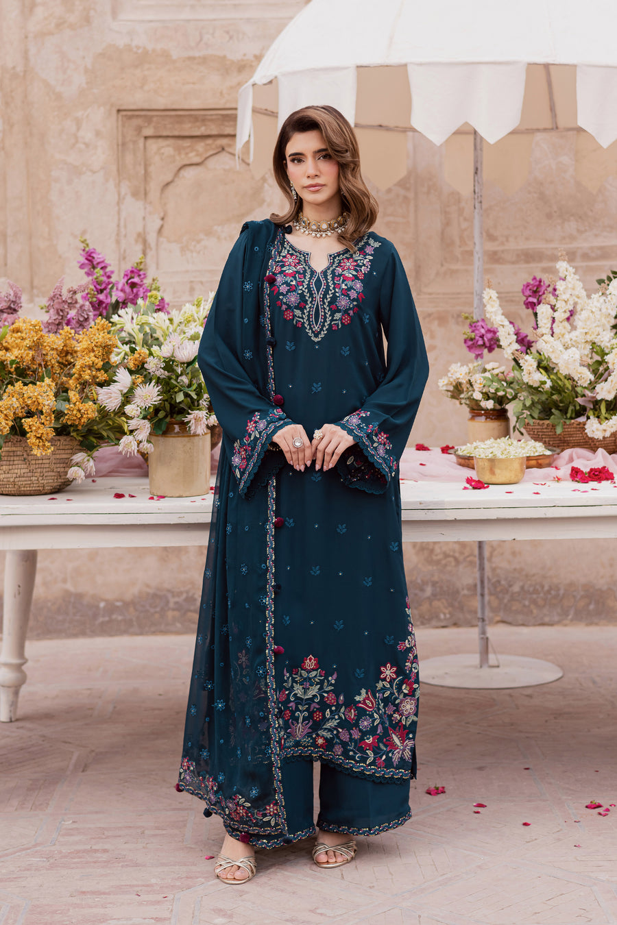 SR-BT4100 Lawn Unstitched Sequence Embroidered 3pc Suit With Bamber Chiffon Fully Embroidered Dupatta