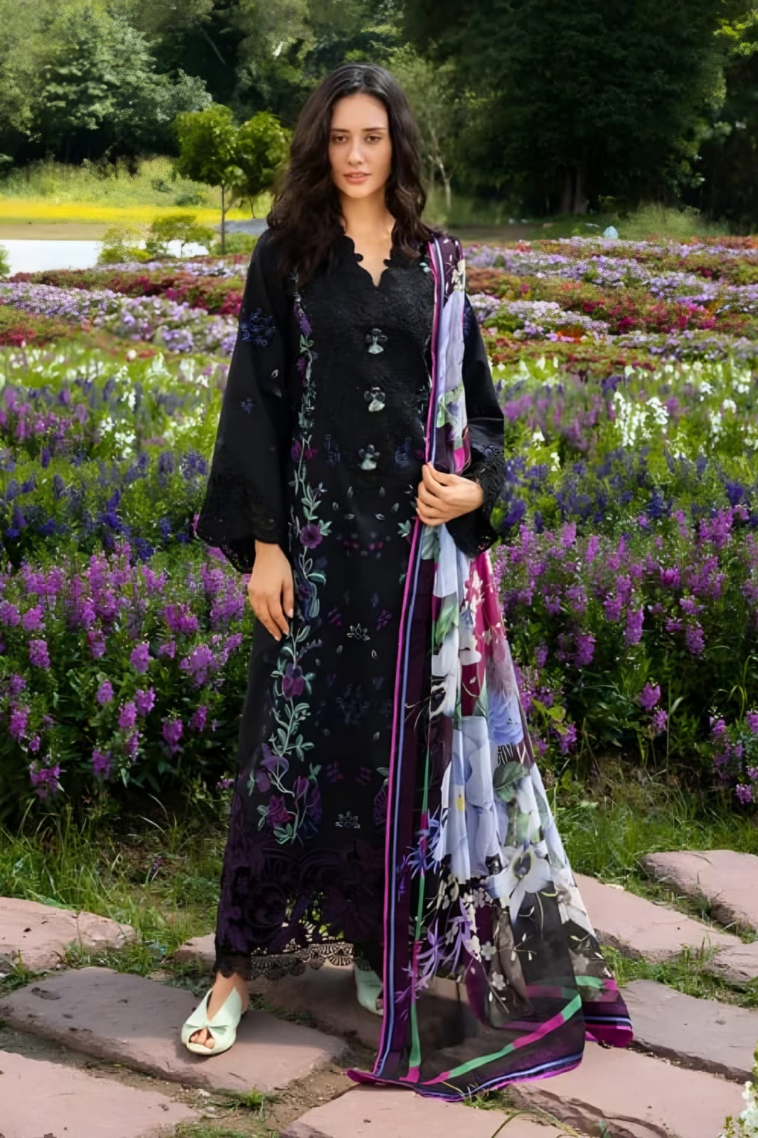 SR-MS2745 Lawn Unstitched Embroidered 3pc Suit With Monar Digital Printed Dupatta