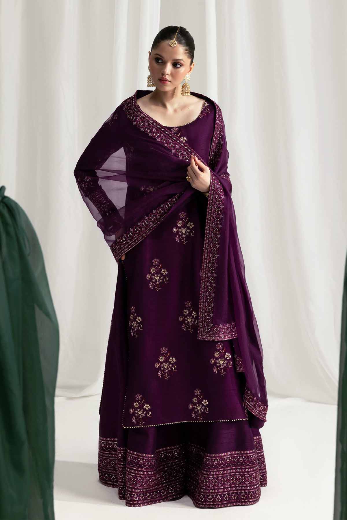 ZAIB-3PC HANDMADE EMBELLISHED SILK EMBROIDERED SHIRT WITH BAMBER CHIFFON DUPATTA AND TROUSER-BIC-4879