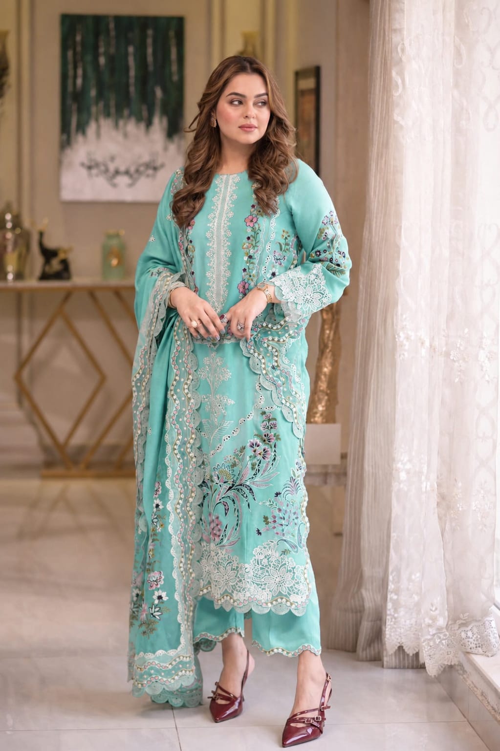 SR-AS2736 Lawn Unstitched Embroidered 3pc Suit With Lawn Embroidered Dupatta