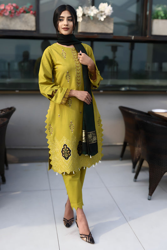 BRANDSINN-3PC KHADDAR CUTWORK EMBROIDERED SHIRT WITH KASHMIRI JACQUARD WOOL SHAWL-BIC-1551