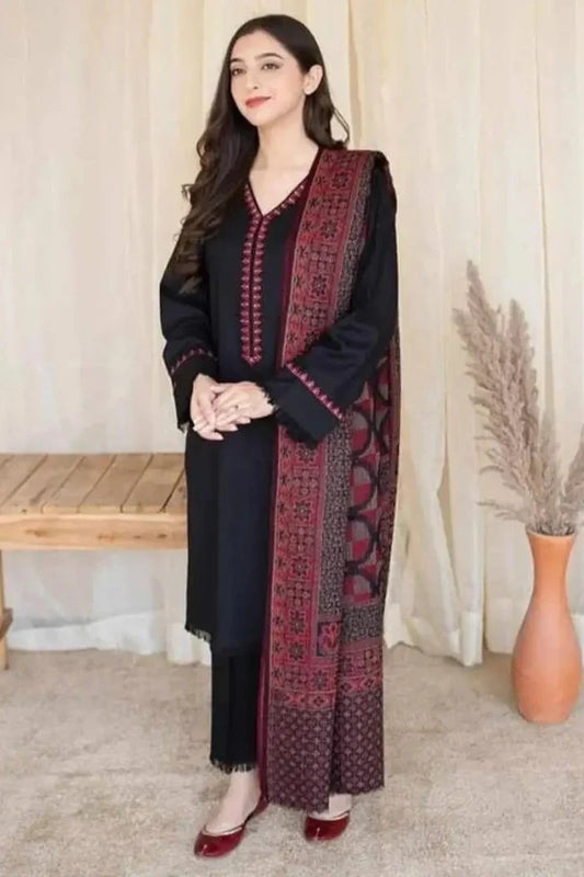 3Pc Unstitched Dhanak Suit with Printed Woolen Shawl