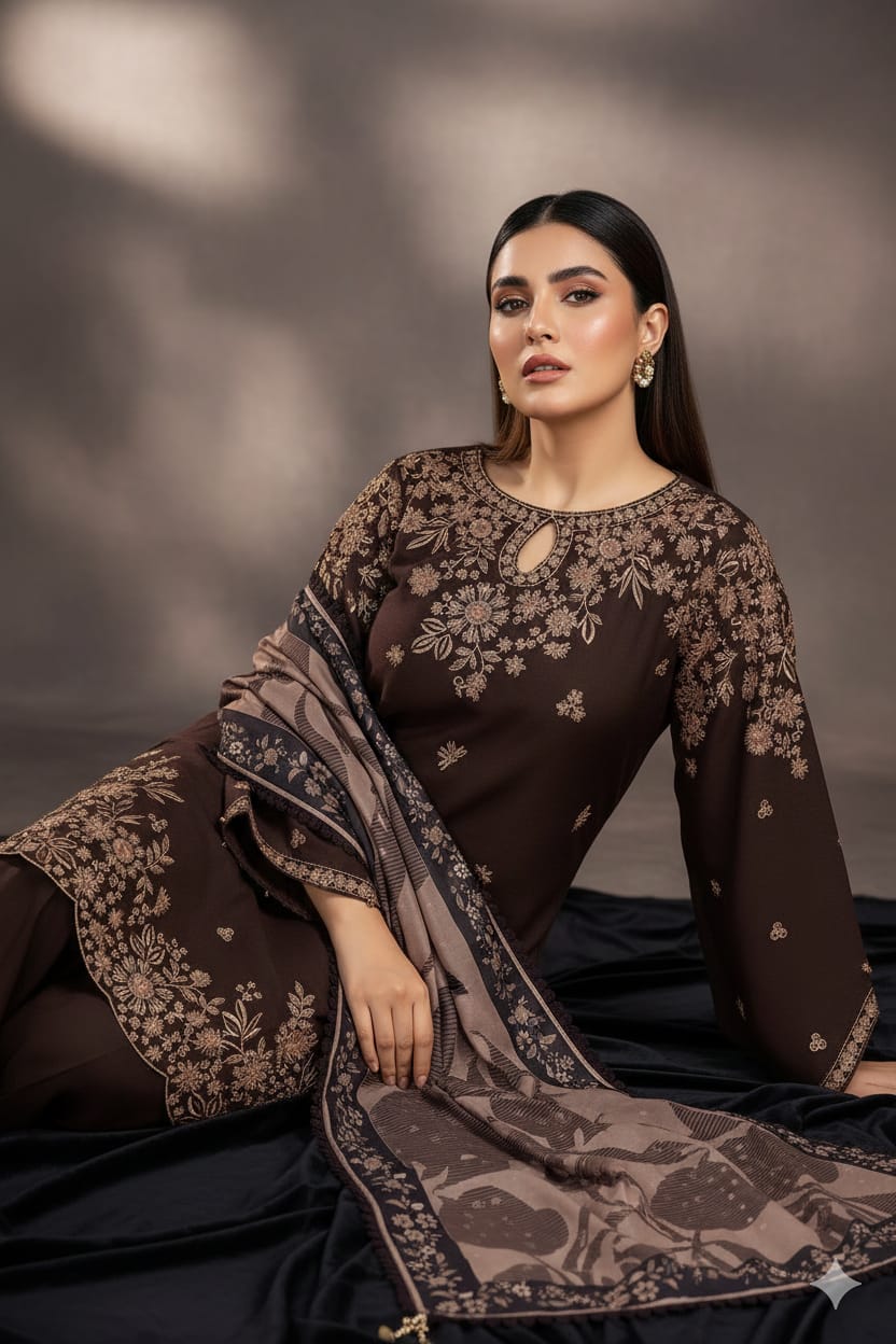 SR-BQ140 Dhanak Embroidered Suit With Digital Printed Wool Shawl